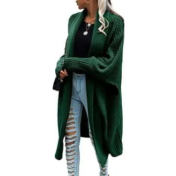 Langwyqu Women's Open Front Cardigan Sweaters Oversized Batwing Sleeve Chunky Knit Long Sweater Coats Green