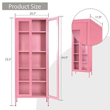 Metal Storage Curio Cabinet with Glass Doors, Steel Display Cabinet with 4 Adjustable Shelves, 5-Tie...