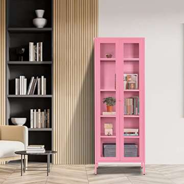 Metal Storage Curio Cabinet with Glass Doors, Steel Display Cabinet with 4 Adjustable Shelves, 5-Tier Multifunctional Tall Storage Bookcase for Home Office, Living Room, Bedroom, Pink