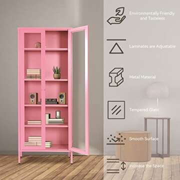Metal Storage Curio Cabinet with Glass Doors, Steel Display Cabinet with 4 Adjustable Shelves, 5-Tier Multifunctional Tall Storage Bookcase for Home Office, Living Room, Bedroom, Pink