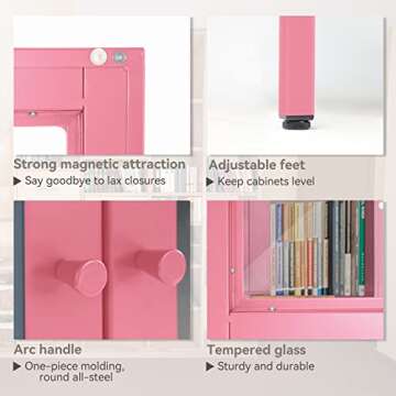 Metal Storage Curio Cabinet with Glass Doors, Steel Display Cabinet with 4 Adjustable Shelves, 5-Tier Multifunctional Tall Storage Bookcase for Home Office, Living Room, Bedroom, Pink