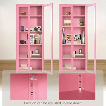 Metal Storage Curio Cabinet with Glass Doors, Steel Display Cabinet with 4 Adjustable Shelves, 5-Tier Multifunctional Tall Storage Bookcase for Home Office, Living Room, Bedroom, Pink