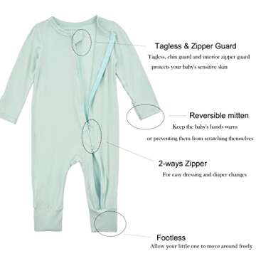 Aablexema Baby Footless Pajamas Zipper with Mitten, Rayon from Bamboo, Infant Long Sleeve Romper Pjs(Grey & Light Green,0-3m)