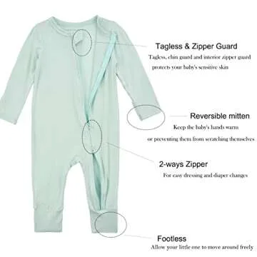 Aablexema Baby Footless Pajamas Zipper with Mitten, Rayon from Bamboo, Infant Long Sleeve Romper Pjs(Grey & Light Green,0-3m)
