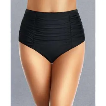 Holipick Black Bathing Suit Bottoms for Women - High Waisted Bikini Bottoms Ruched Tummy Control Swimsuit Bottom L