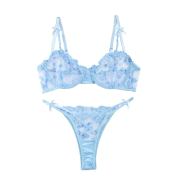 Lilosy Sexy Cute Underwire Push Up Strappy Heart Embroidered Mesh Sheer Lingerie Set for Women See T...