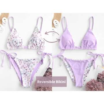 ZAFUL Women's Triangle Bikini Floral String Bikini Set Two Piece Swimsuit Bathing Suits (2-Mauve, M)