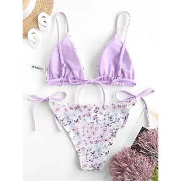ZAFUL Women's Triangle Bikini Floral String Bikini Set Two Piece Swimsuit Bathing Suits (2-Mauve, M)