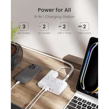 HOPOW Flat Plug Power Strip 6 ft, Thin Extension Cord with 5 Outlets 4 USB Ports (2 USB C), Surge Protector Power Strip 1700 Joules, White Charging Station for Office Home Dorm Room Essentials