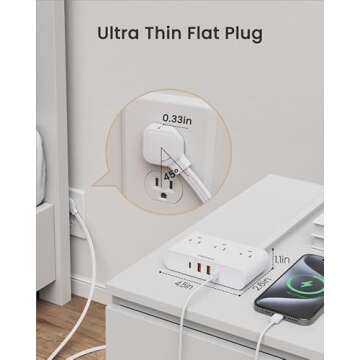 HOPOW Flat Plug Power Strip 6 ft, Thin Extension Cord with 5 Outlets 4 USB Ports (2 USB C), Surge Protector Power Strip 1700 Joules, White Charging Station for Office Home Dorm Room Essentials