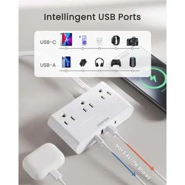 HOPOW Flat Plug Power Strip 6 ft, Thin Extension Cord with 5 Outlets 4 USB Ports (2 USB C), Surge Protector Power Strip 1700 Joules, White Charging Station for Office Home Dorm Room Essentials