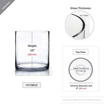 WGV Cylinder Vase, Width 8", Height 10", Clear Wide Large Diameter Flower Glassware, Floral Containe...