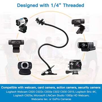 Pipishell 25 Inch Webcam Stand, Flexible Desk Mount Clamp Gooseneck Stand for Logitech Webcam C960 C930e C930 C920 C920S C922x C922 Brio 4K C925e C615 and Other Devices with 1/4" Thread-PIWS01