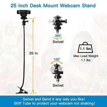 Pipishell 25 Inch Webcam Stand, Flexible Desk Mount Clamp Gooseneck Stand for Logitech Webcam C960 C930e C930 C920 C920S C922x C922 Brio 4K C925e C615 and Other Devices with 1/4" Thread-PIWS01