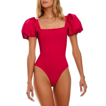 Saodimallsu Womens Short Puff Sleeve One Piece Swimsuit Square Neck Sexy Backless Tummy Control Bath...