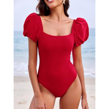 Saodimallsu Womens Short Puff Sleeve One Piece Swimsuit Square Neck Sexy Backless Tummy Control Bathing Suit Red