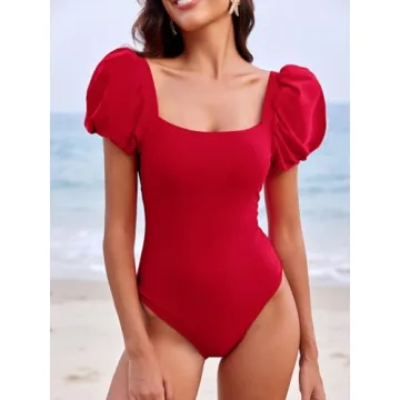 Saodimallsu Womens Short Puff Sleeve One Piece Swimsuit Square Neck Sexy Backless Tummy Control Bathing Suit Red