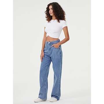HDLTE Women Wide Leg Jeans High Waist Denim Pants Y2K Light Blue