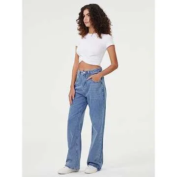 HDLTE Women Wide Leg Jeans High Waist Denim Pants Y2K Light Blue