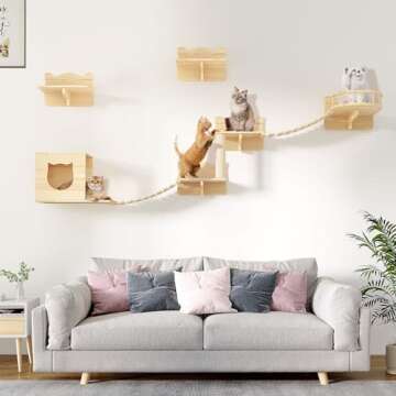 DWVO Cat Wall Shelves and Perches for Wall, Wooden Wall Mounted Cat Furniture, Set of 9 Cat Climbing Shelves with 1 Cat Wall House, 4 Wall Steps, 2 Bridge Ladder, 1 Cat Scratching Post and 1 Cat Bed