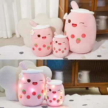 Athoinsu Light Up Strawberry Milky Tea Plush Pillow 15'' Kawaii Stuffed Bubble Animal Toy with LED L...