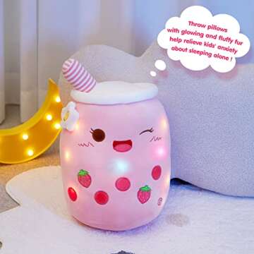 Athoinsu Light Up Strawberry Milky Tea Plush Pillow 15'' Kawaii Stuffed Bubble Animal Toy with LED Lights Birthday Christmas Holiday Valentines Gifts for Kids,Girls,Boys