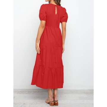 ZESICA Women's Casual Summer Crew Neck Short Puff Sleeve Smocked High Waist Ruffle Tiered A Line Midi Dress,Red,Medium