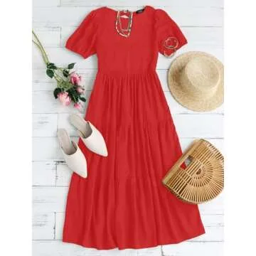 ZESICA Women's Casual Summer Crew Neck Short Puff Sleeve Smocked High Waist Ruffle Tiered A Line Midi Dress,Red,Medium