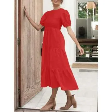 ZESICA Women's Casual Summer Crew Neck Short Puff Sleeve Smocked High Waist Ruffle Tiered A Line Midi Dress,Red,Medium