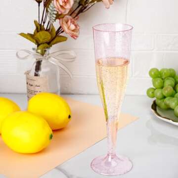 WDF 36 Pack Pink Glitter Plastic Champagne Flutes - 7OZ Pink Champagne Flutes Plastic, Champagne Gla...