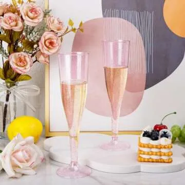 WDF 36 Pack Pink Glitter Plastic Champagne Flutes - 7OZ Pink Champagne Flutes Plastic, Champagne Glasses Glitter Pink Champagne Flutes, Plastic Flutes Champagne Disposable for Party & Wedding & Easter