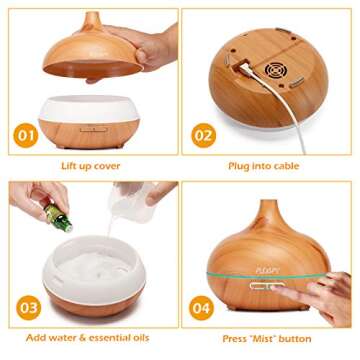 Diffusers for Essential Oils, 550ml Essential Oils Diffuser Cool Mist Humidifier, Aromatherapy Diffuser with 4 Timer & 7 Lights, Ultrasonic Aroma Diffuser with Auto Shut-Off for Office Home (Brown)