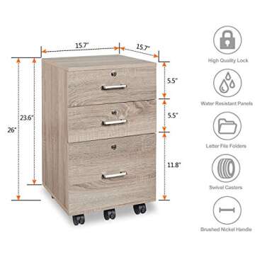 Bonnlo 26"H 3 Drawer File Cabinet with Lock, Rolling File Cabinet Under Desk, Mobile File Cabinets for Home Office, Wood File Cabinet Printer Stand for Letter Size File Folders, Assembly Required, Oak
