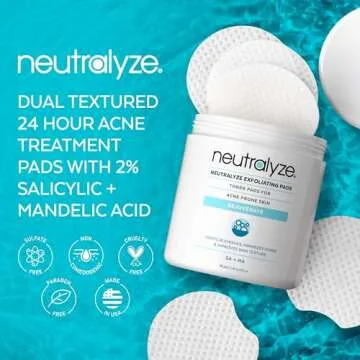 Neutralyze Exfoliating Acne Treatment Pads - 100 Dual Textured Acne Face Wipes with 2% Salicylic Acid & 2% Mandelic Acid - Toner Pads for Acne Prone Skin, Face & Body Acne Wipes for Teens & Adults