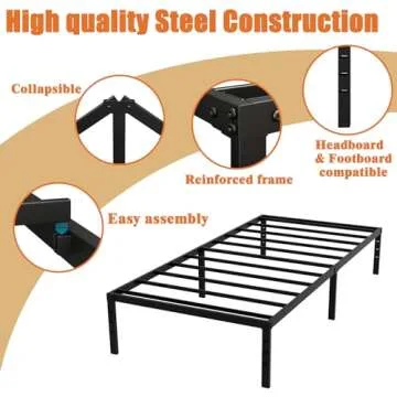 Caplisave Twin Bed Frames Metal Platform Twin Size Bed Frame 14 Inch Max 2000lbs Heavy Duty Metal Slat Support, No Box Spring Needed Underbed Storage, Easy to Assembly, Black