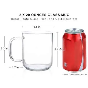 Aquach Glass Mugs 20 oz Set of 2, Extra Large Clear Glass Cup with Handle for Hot/Cold Coffee Tea Be...