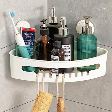 TAILI Corner Shower Caddy Suction Cups Heavy Duty, Shower Shelf Shower Basket Wall Mounted Shower Holder Organizer for Shampoo, Plastic White for Kitchen & Bathroom, Drill-Free Removable