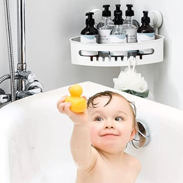TAILI Corner Shower Caddy Suction Cups Heavy Duty, Shower Shelf Shower Basket Wall Mounted Shower Holder Organizer for Shampoo, Plastic White for Kitchen & Bathroom, Drill-Free Removable