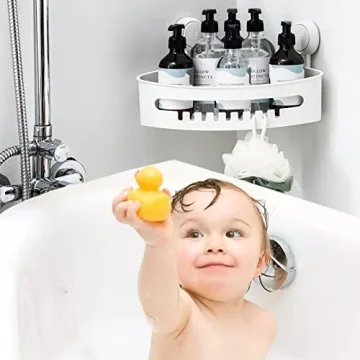 TAILI Corner Shower Caddy Suction Cups Heavy Duty, Shower Shelf Shower Basket Wall Mounted Shower Holder Organizer for Shampoo, Plastic White for Kitchen & Bathroom, Drill-Free Removable