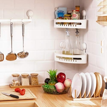 TAILI Corner Shower Caddy Suction Cups Heavy Duty, Shower Shelf Shower Basket Wall Mounted Shower Holder Organizer for Shampoo, Plastic White for Kitchen & Bathroom, Drill-Free Removable