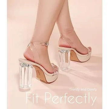 Ankis Platform Heels for Women 4 Inches Chunky Heels Sandals for Women Comfy Open Toe Block Heeled Sandals Nude White Silver Gold Black Ankle Strappy Heels for Women,Clear,Size 7.5