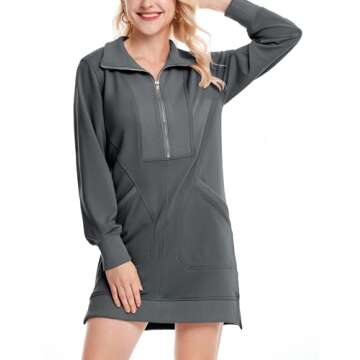 Tomosc Half Zip Sweatshirt Dress for Women Casual Long Sleeve Mini Dresses V Neck Pullover Tunic Top with Pockets (7W-Darkgrey-S)