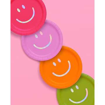 xo, Fetti Smiley Face Paper Plates - 25 pk, 9" | Birthday Party Supplies, Bachelorette Decorations, Birthday Groovy y2k Party, Cool Cake Plates