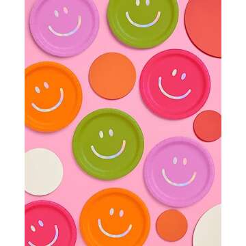 xo, Fetti Smiley Face Paper Plates - 25 pk, 9" | Birthday Party Supplies, Bachelorette Decorations, Birthday Groovy y2k Party, Cool Cake Plates