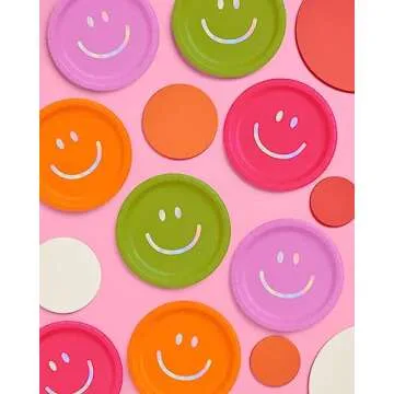xo, Fetti Smiley Face Paper Plates - 25 pk, 9" | Birthday Party Supplies, Bachelorette Decorations, Birthday Groovy y2k Party, Cool Cake Plates