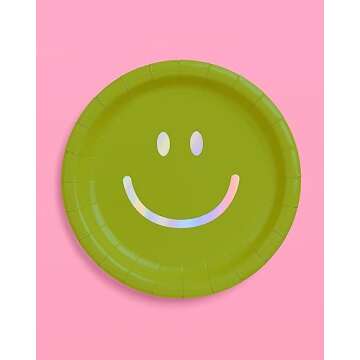 xo, Fetti Smiley Face Paper Plates - 25 pk, 9" | Birthday Party Supplies, Bachelorette Decorations, Birthday Groovy y2k Party, Cool Cake Plates