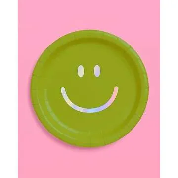 xo, Fetti Smiley Face Paper Plates - 25 pk, 9" | Birthday Party Supplies, Bachelorette Decorations, Birthday Groovy y2k Party, Cool Cake Plates