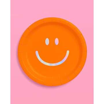 xo, Fetti Smiley Face Paper Plates - 25 pk, 9" | Birthday Party Supplies, Bachelorette Decorations, Birthday Groovy y2k Party, Cool Cake Plates
