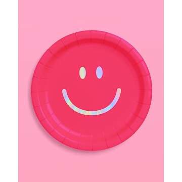 xo, Fetti Smiley Face Paper Plates - 25 pk, 9" | Birthday Party Supplies, Bachelorette Decorations, Birthday Groovy y2k Party, Cool Cake Plates