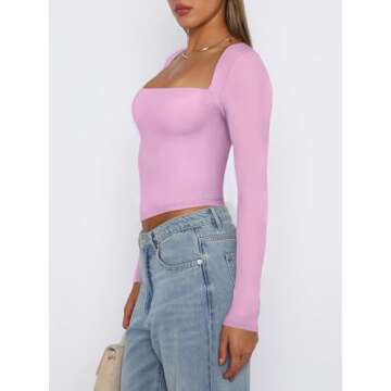 REORIA Women's Fall Sexy Casual Square Neck Long Sleeve Tight Cropped T Shirts Slim Fitted Basic Y2K...
